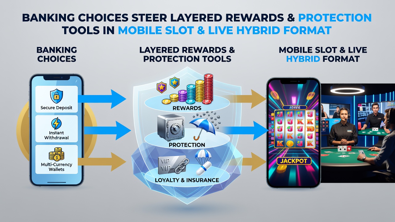 Illustration von mobilen Hybrid-Spieloberflächen mit Slots, Live-Tischen und Sicherheitsfunktionen
