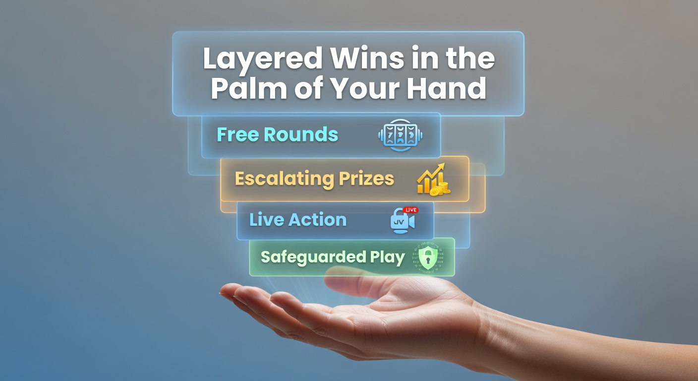 Smartphone mit laufendem Slot-Spiel, das Free Rounds und steigende Preise zeigt, umgeben von grafischen Elementen wie Münzen und Walzen