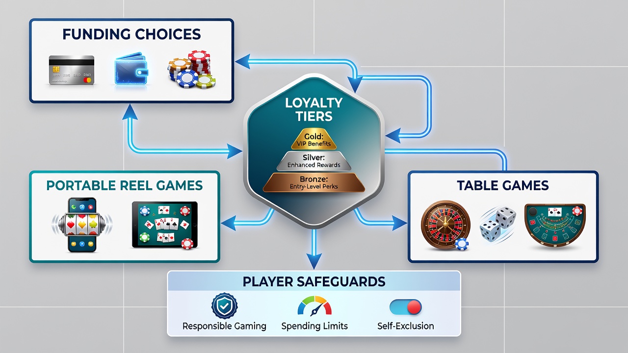 Illustration der Verbindungen zwischen Zahlungsmethoden, VIP-Stufen und verantwortungsvollem Spiel in mobilen Casino-Umgebungen